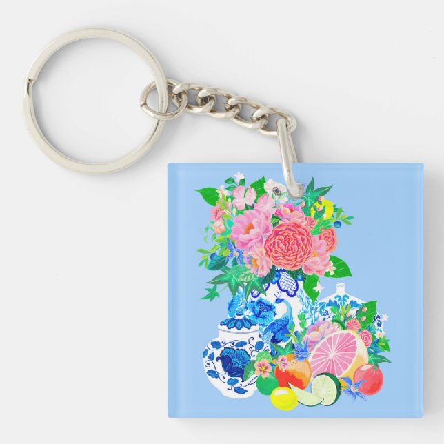 Llavero Peacock Chinoiserie Flower Vase Acrílico Keychain (Frente)