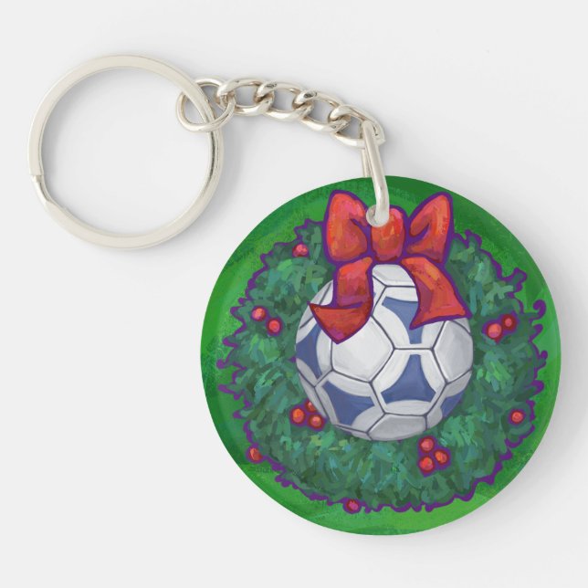 Llavero Pelota de fútbol blanca y azul en verde (Frente)
