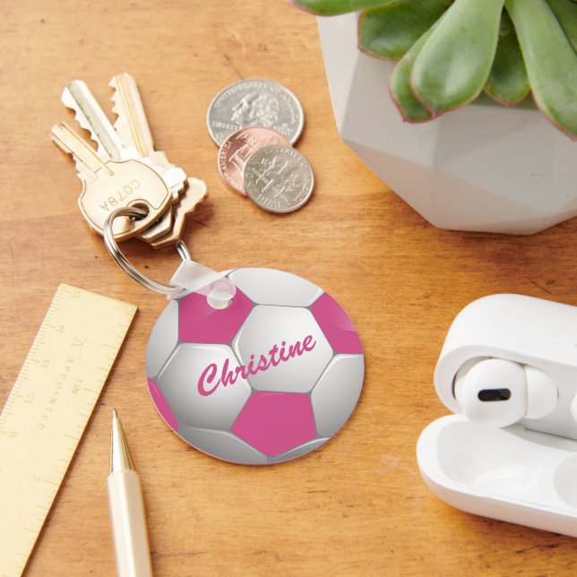 Llavero Pelota de fútbol de personalizable rosa y blanca (Escritorio )