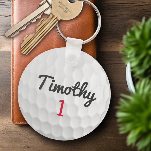 Llavero Pelota de golf con número rojo de nombre negro (Personalized Keychain - Sports Golf Theme)