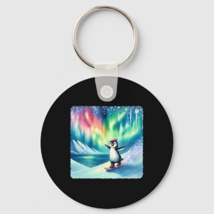 Llavero Penguin Snowboard bajo la colorida Aurora Boreali