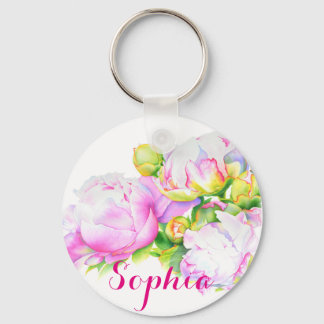 Llavero Peonias, pintura floral rosa, blanca, acuarela