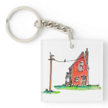 Pequeña Casa Roja con línea eléctrica