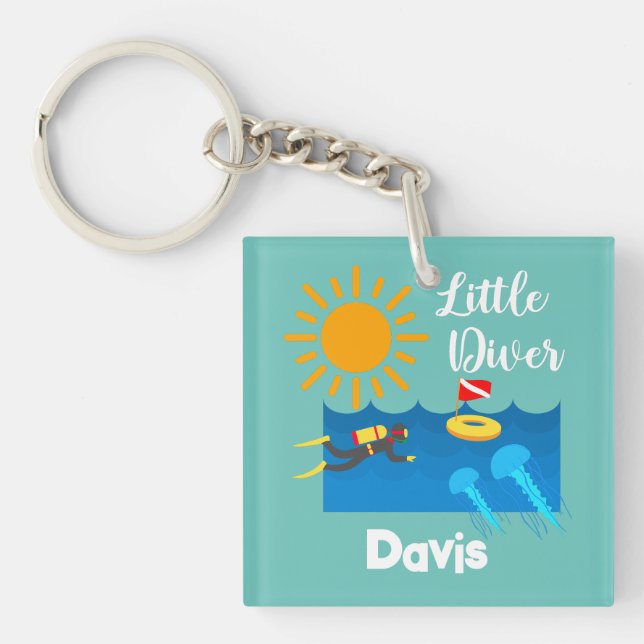 Llavero Pequeño buzo con pez gelatina - Keychain acrílico (Frente)