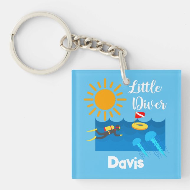 Llavero Pequeño buzo con pez gelatina - Keychain acrílico (Frente)