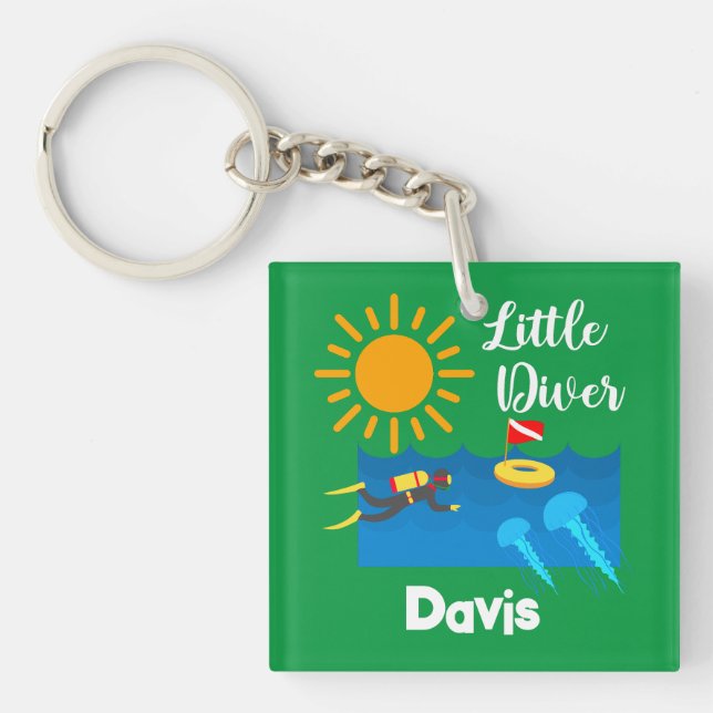 Llavero Pequeño buzo con pez gelatina - Keychain acrílico (Frente)