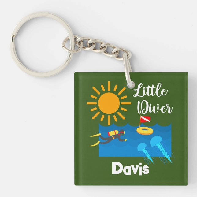 Llavero Pequeño buzo con pez gelatina - Keychain acrílico (Frente)