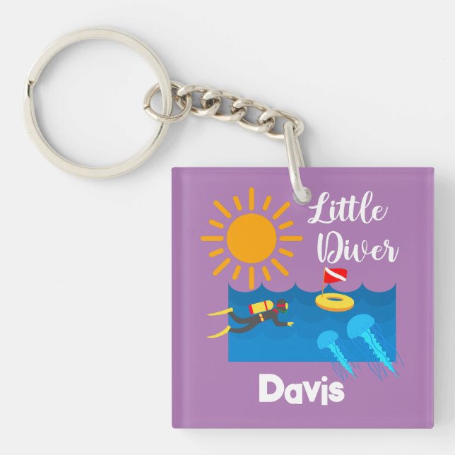 Llavero Pequeño buzo con pez gelatina - Keychain acrílico (Frente)