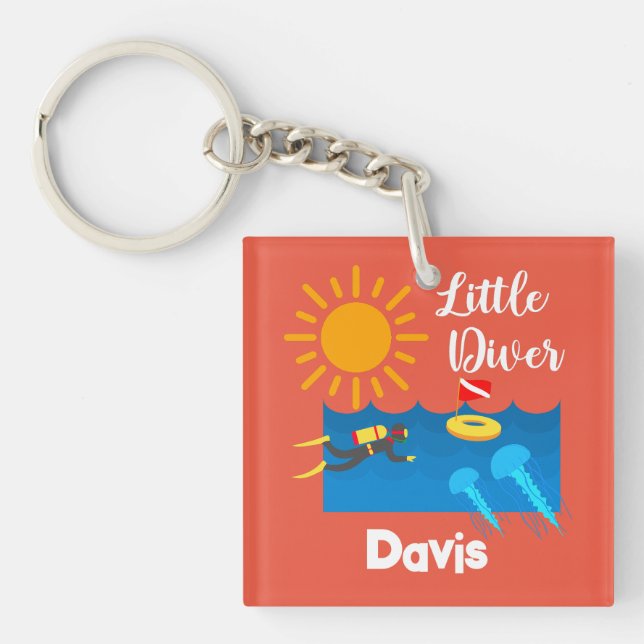 Llavero Pequeño buzo con pez gelatina - Keychain acrílico (Frente)