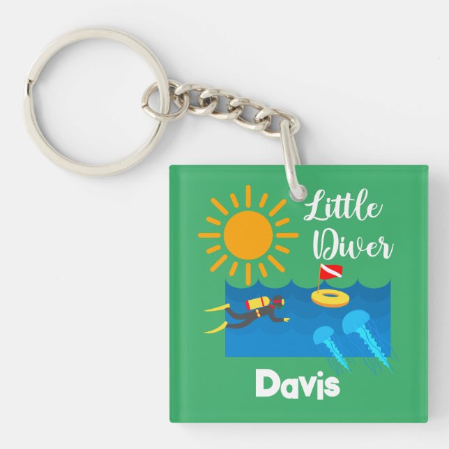 Llavero Pequeño buzo con pez gelatina - Keychain acrílico (Frente)