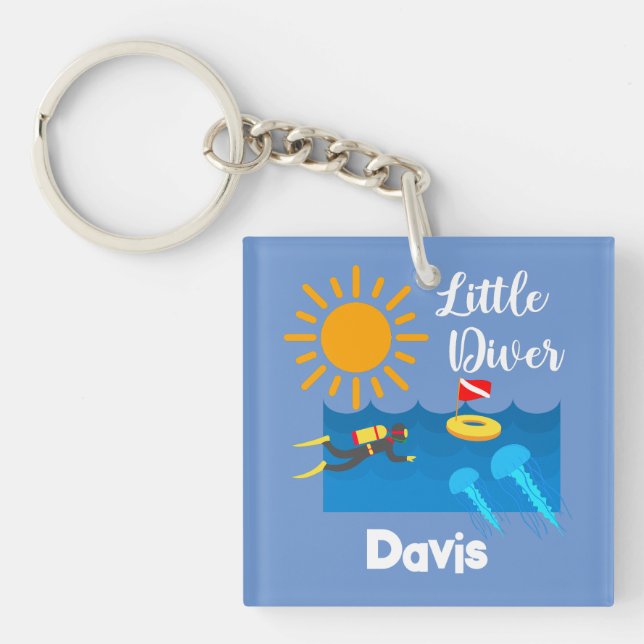 Llavero Pequeño buzo con pez gelatina - Keychain acrílico (Frente)