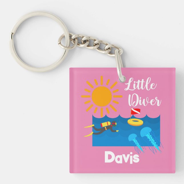 Llavero Pequeño buzo con pez gelatina - Keychain acrílico (Frente)