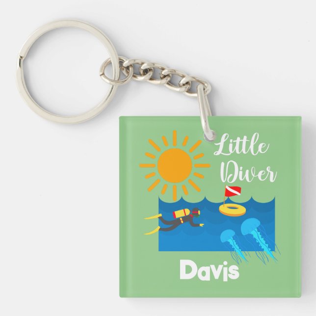 Llavero Pequeño buzo con pez gelatina - Keychain acrílico (Frente)