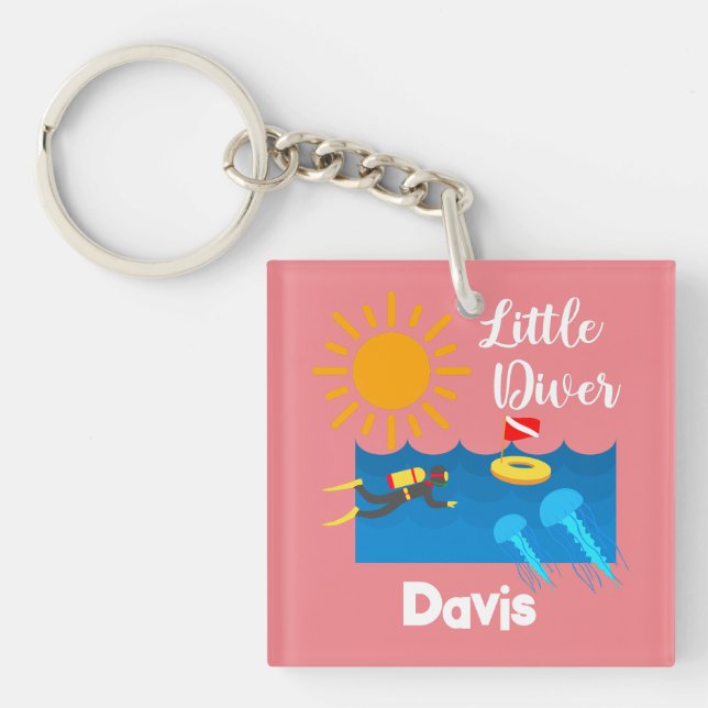 Llavero Pequeño buzo con pez gelatina - Keychain acrílico (Frente)