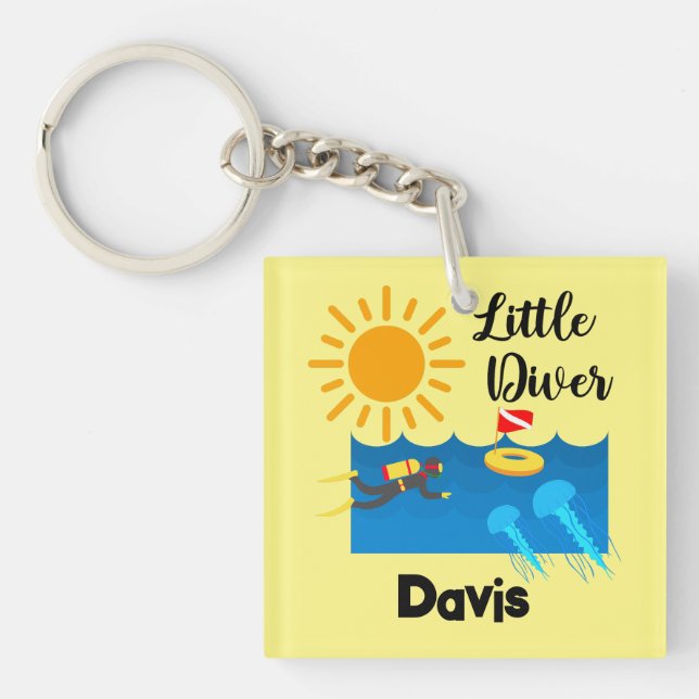 Llavero Pequeño buzo con pez gelatina - Keychain acrílico (Frente)