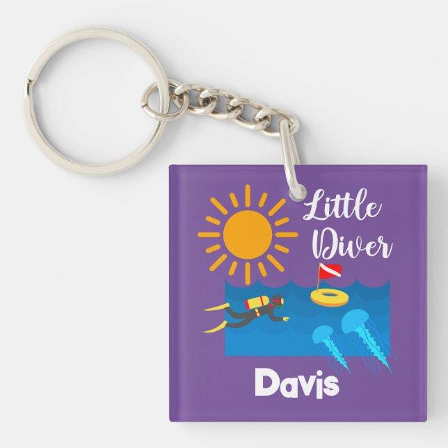 Llavero Pequeño buzo con pez gelatina - Keychain acrílico (Frente)