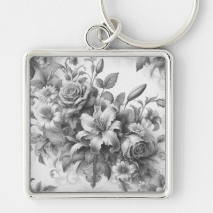Llavero Perfección floral de antigüedades en blanco y negr