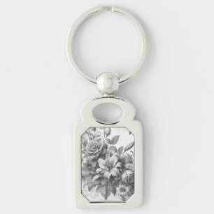 Llavero Perfección floral de antigüedades en blanco y negr