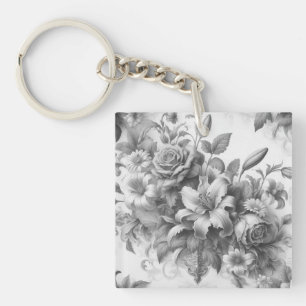 Llavero Perfección floral de antigüedades en blanco y negr