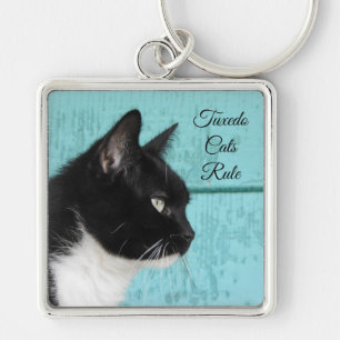 Llavero Perfil de gato de Tuxedo en Verde azulado