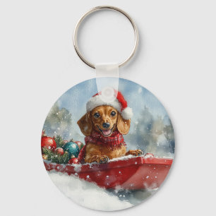 Llavero Perrito Dachshund en Trineo Deja que Nieve Navidad