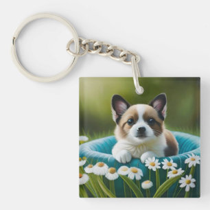 Llavero Perrito lindo floral en margaritas