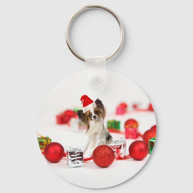 Llavero Perrito Papillon Lindo Sombrero de Santa de Navida (Anverso)