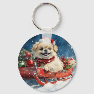 Llavero Perrito Pequinés en Trineo Deja que Nieve Navidad