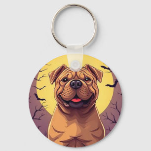 Llavero Perro Adorable en escena de Halloween con calabaza