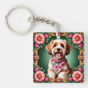 Llavero Perro Adorable Enmarcado por Flores Coloridas