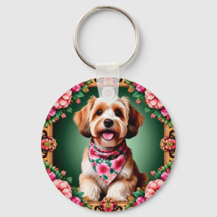 Llavero Perro Adorable Enmarcado por Flores Coloridas