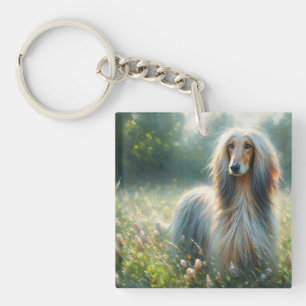 Llavero Perro afgano en arte de prado floral