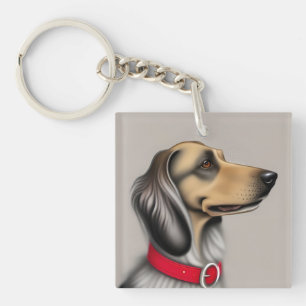 Llavero Perro agraciado con collar rojo posado de lado