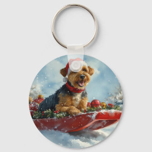 Llavero Perro Airedale en Trineo Deja que Nieve Navidad