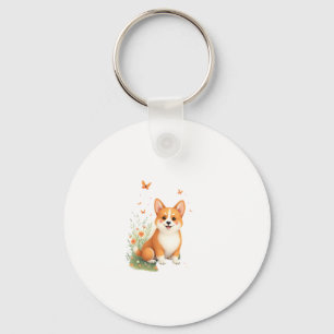 Llavero Perro Akita con flor y camiseta con mariposa