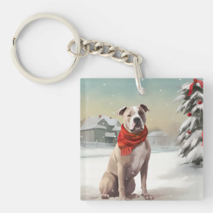 Llavero Perro American Staffordshire en Navidad con nieve