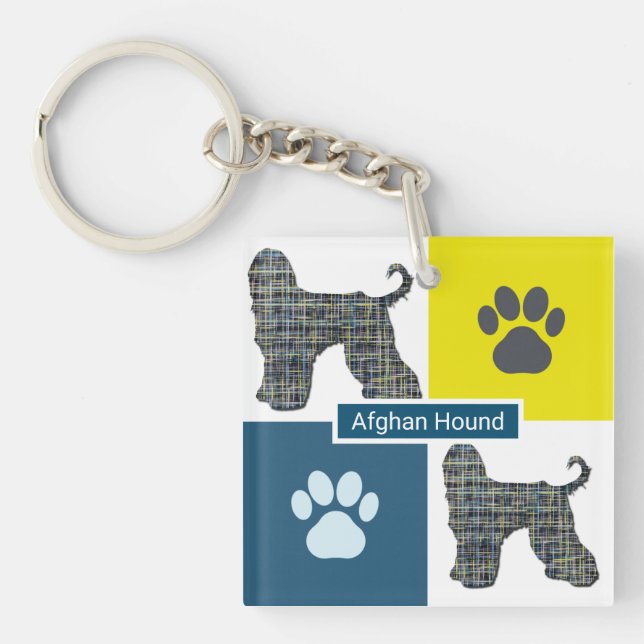 Llavero Perro anidado afgano y malla amarilla y azul (Frente)