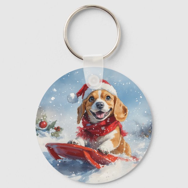 Llavero Perro Beagle en Trineo Deja que Nieve Navidad (Anverso)