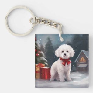Llavero Perro Bichón Frisé en Navidad con nieve