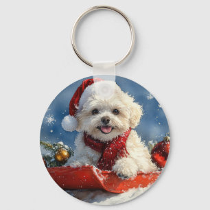Llavero Perro Bichon Frise en Trineo Deja que Nieve Navida