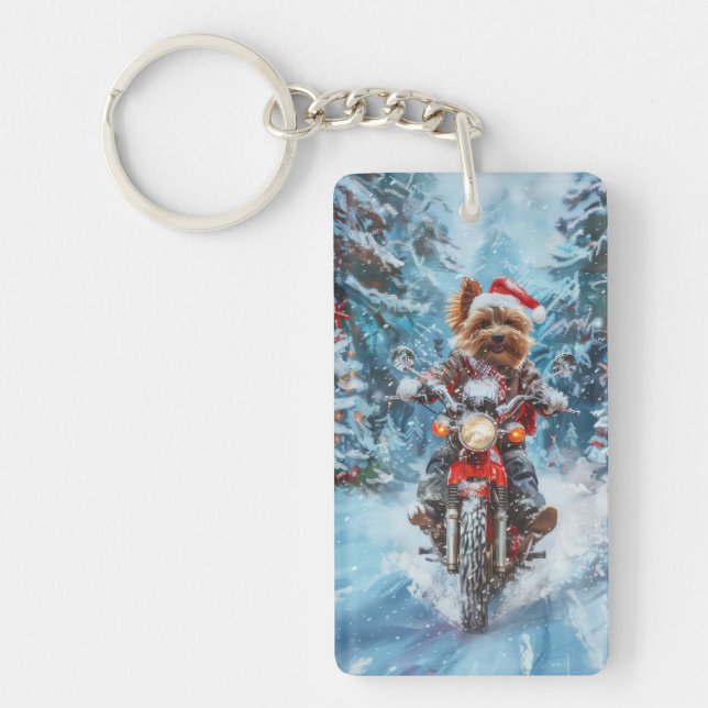 Llavero Perro Biewer Terrier montando motocicleta Navidad (Frente)