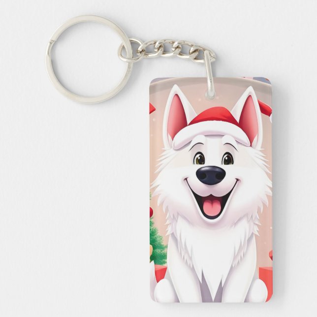 Llavero Perro Blanco con Gorro de Santa (Frente)