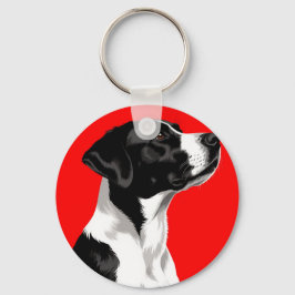 Llavero Perro blanco y negro sobre fondo rojo intenso