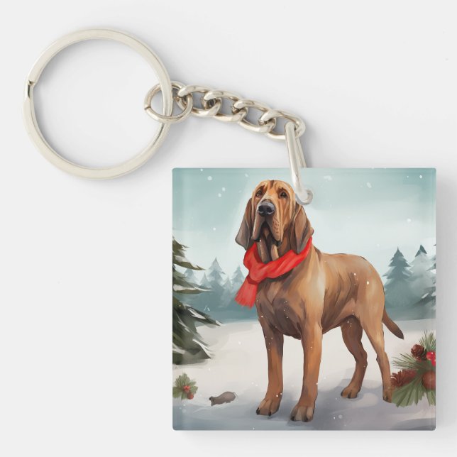 Llavero Perro Bloodhound en Navidad con Nieve (Frente)