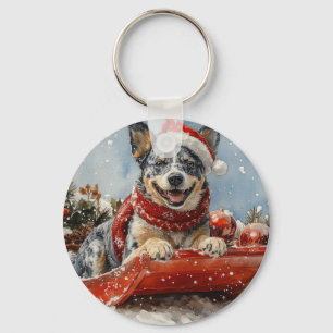 Llavero Perro Blue Heeler en Trineo Deja que Nieve Navidad