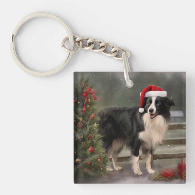 Llavero Perro Border Collie en Navidad con Nieve (Frente)