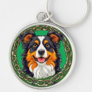 Llavero Perro border collie sobre un fondo verde con caden