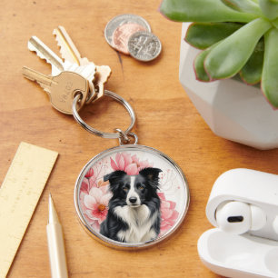 Llavero Perro Border Collie y Lirios Rosados ​​Intensos