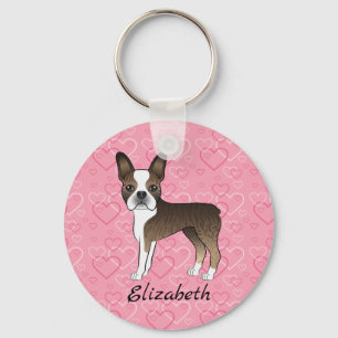 Llavero Perro Boston Terrier Atigrado Sobre Corazones Rosa