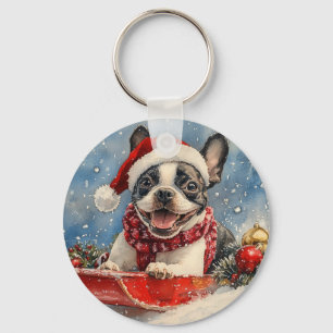 Llavero Perro Boston Terrier en Trineo Deja que Nieve Navi